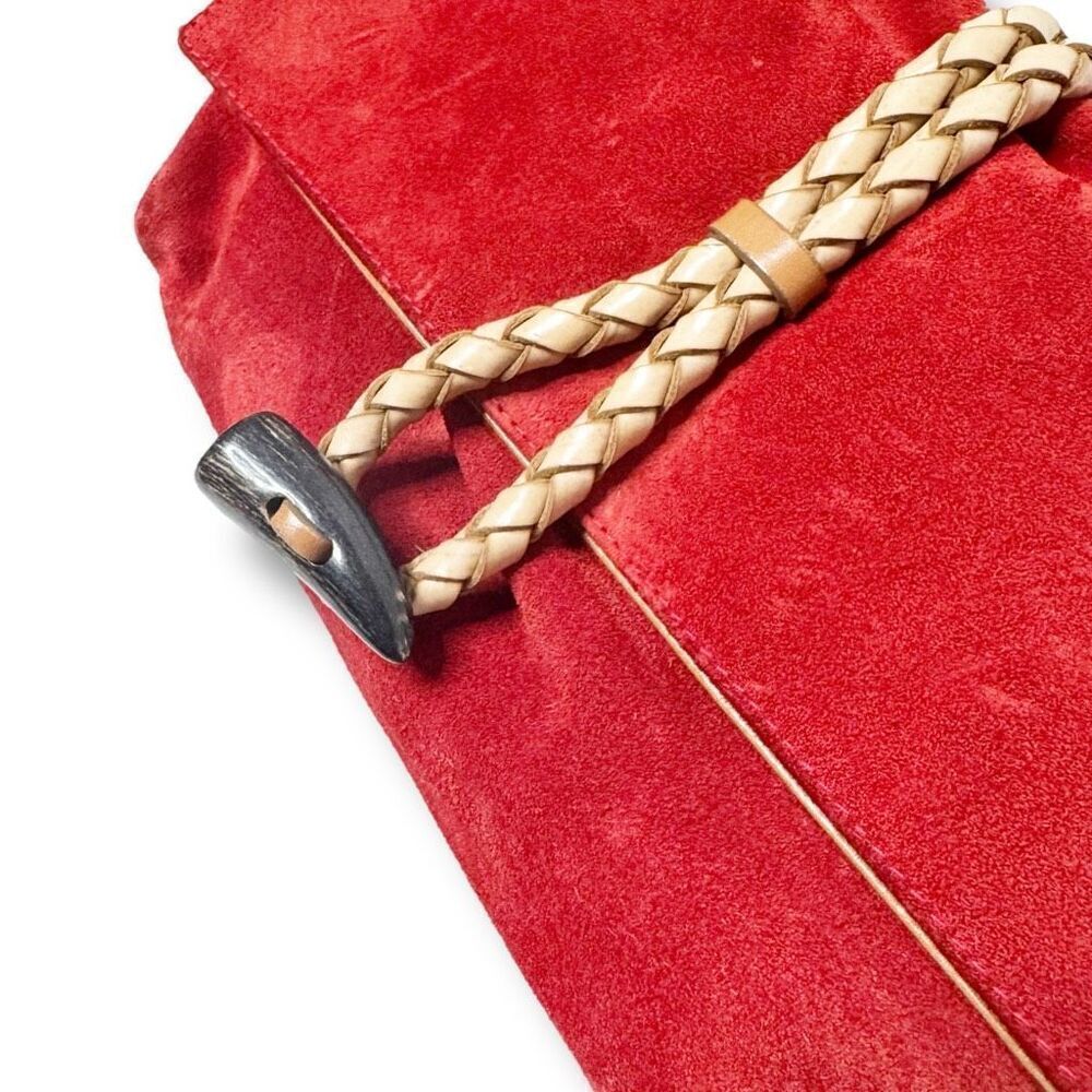 BURBERRY Suede Haymarket Check Horn Toggle Braided Leather Shoulder Bag Red - Picture 4 of 14